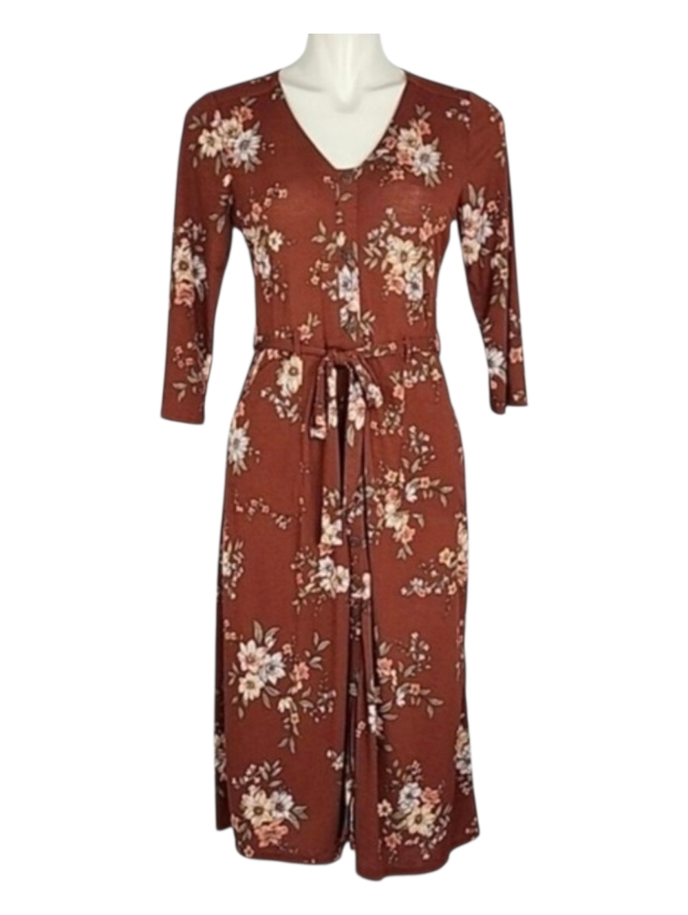 Monteau Los Angeles Rust Floral Button-Front Midi Dress with Pockets S